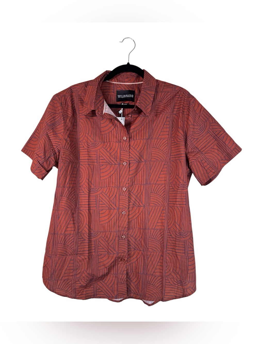 Wildfang Orange Blue Print Short Sleeve Button Down Shirt Womens XL Casual